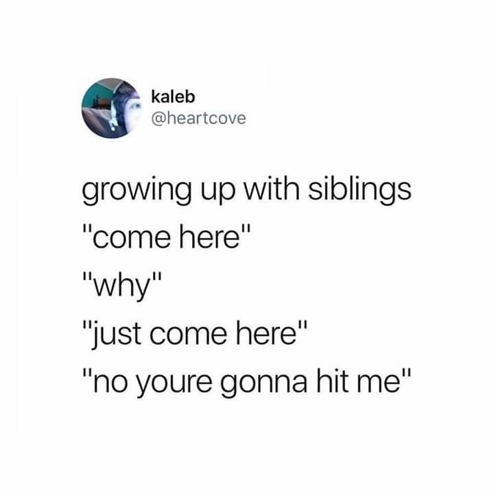 the text reads growing up with siblings come here why just come here no you're gone