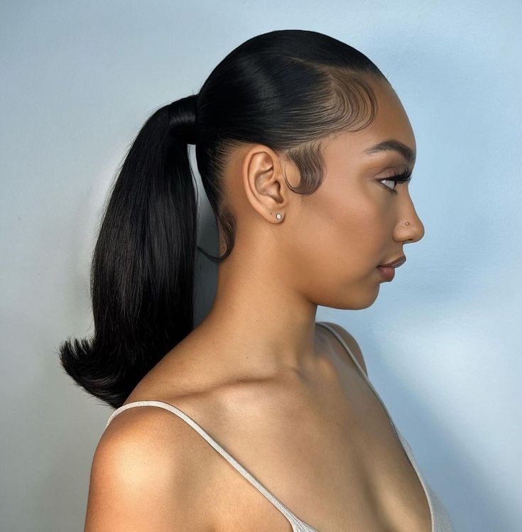 Barbie Ponytail with Flipped Ends Low Ponytail Black Hair, Sleek Long Ponytail Black Women, Barbie Style Ponytail, Pony Extension Ponytail Hairstyles, Sleek Natural Ponytail, Flipped Ponytail Hairstyles Black Women, Ponytail With Flipped Ends, Flip Ponytail Hairstyle Black Women, Low Barbie Ponytail