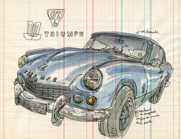 a drawing of an old blue car on lined paper