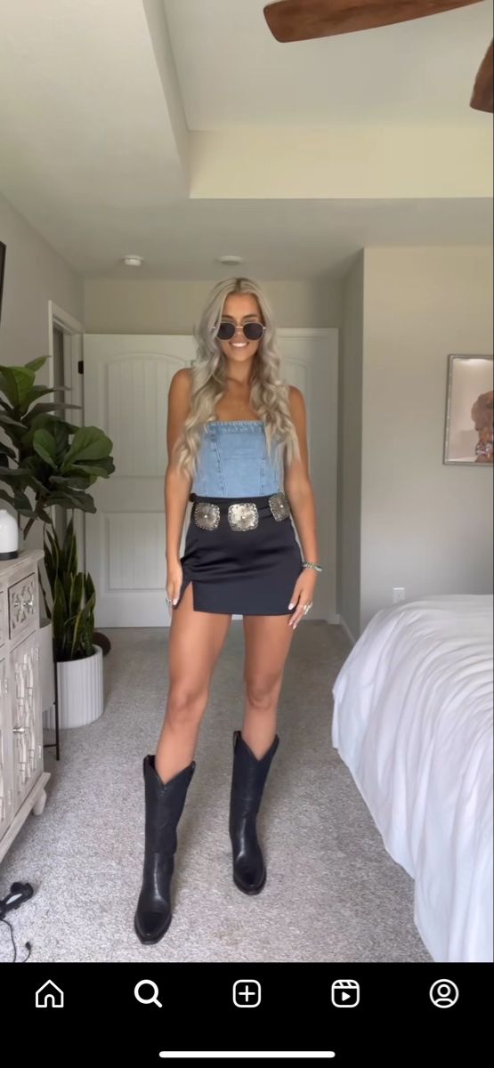 Branson Outfit Ideas, Tailgate Outfit Cowboy Boots, Concert Outfits Western, Denim Skirt Nashville Outfit, Country Concert Outfits With Black Boots, Nye Outfits Nashville, Outside Concert Outfit Spring, Black Boots Country Outfit, Bougie Country Outfit