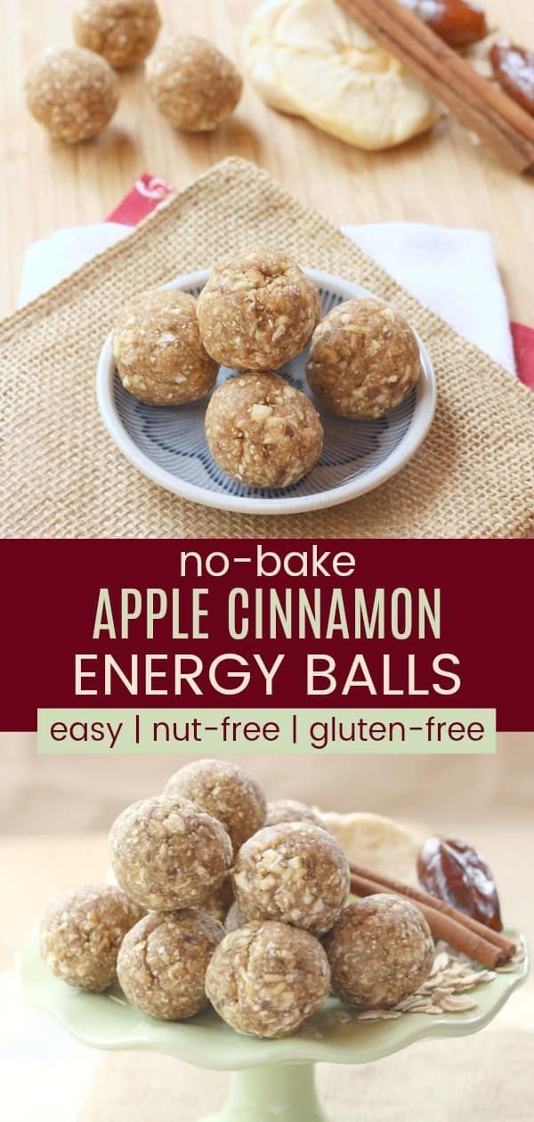 no bake apple cinnamon energy balls are on a plate and ready to be eaten