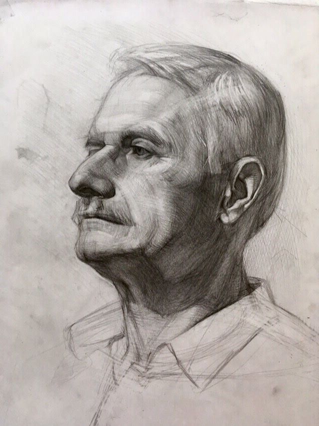 a drawing of an older man's head and ear