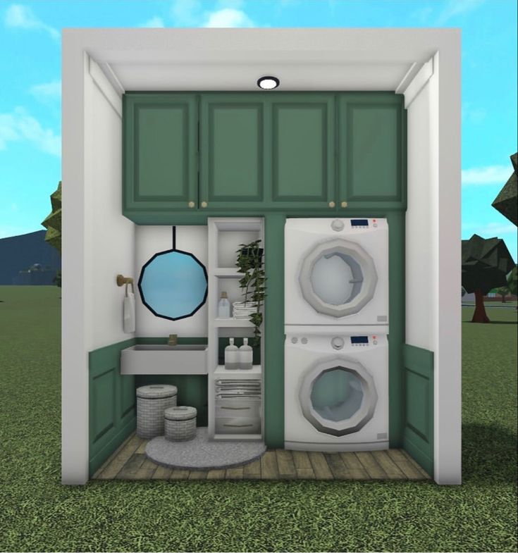 an open door to a washer and dryer in a room with green cabinets