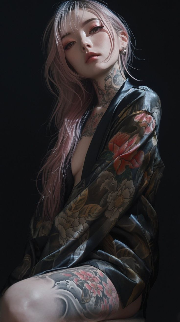 a woman with tattoos on her arm and leg sitting down in front of a black background