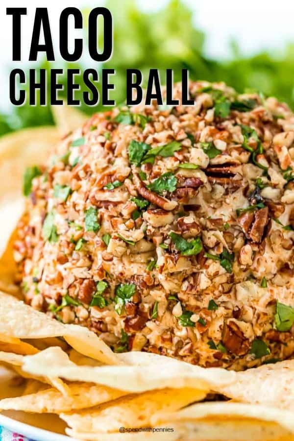 taco cheese ball on a plate with tortilla chips