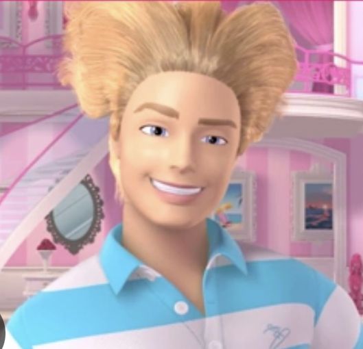 an animated image of a man with blonde hair in a pink and blue striped shirt