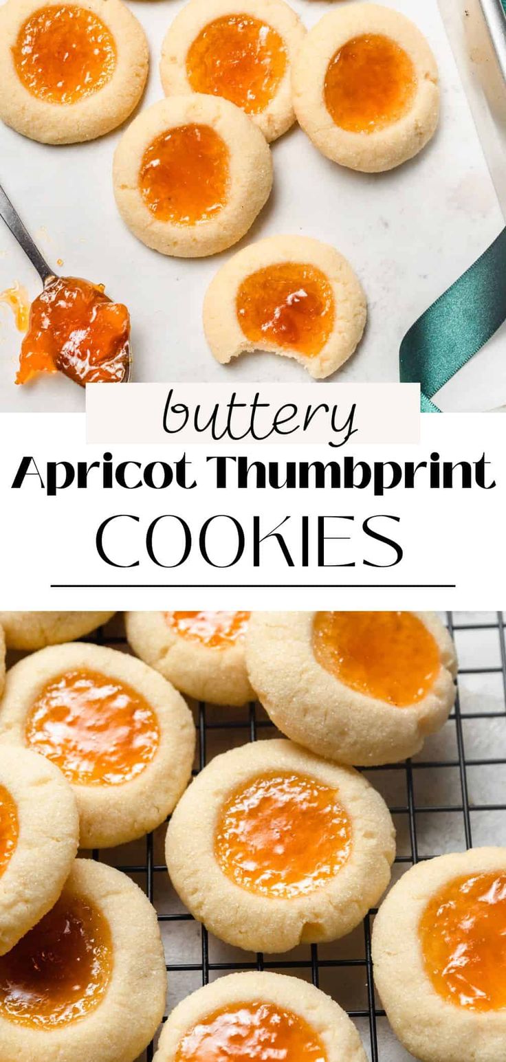 buttery apricot thumbprint cookies on a cooling rack with the words, buttery apricot thumbprint cookies