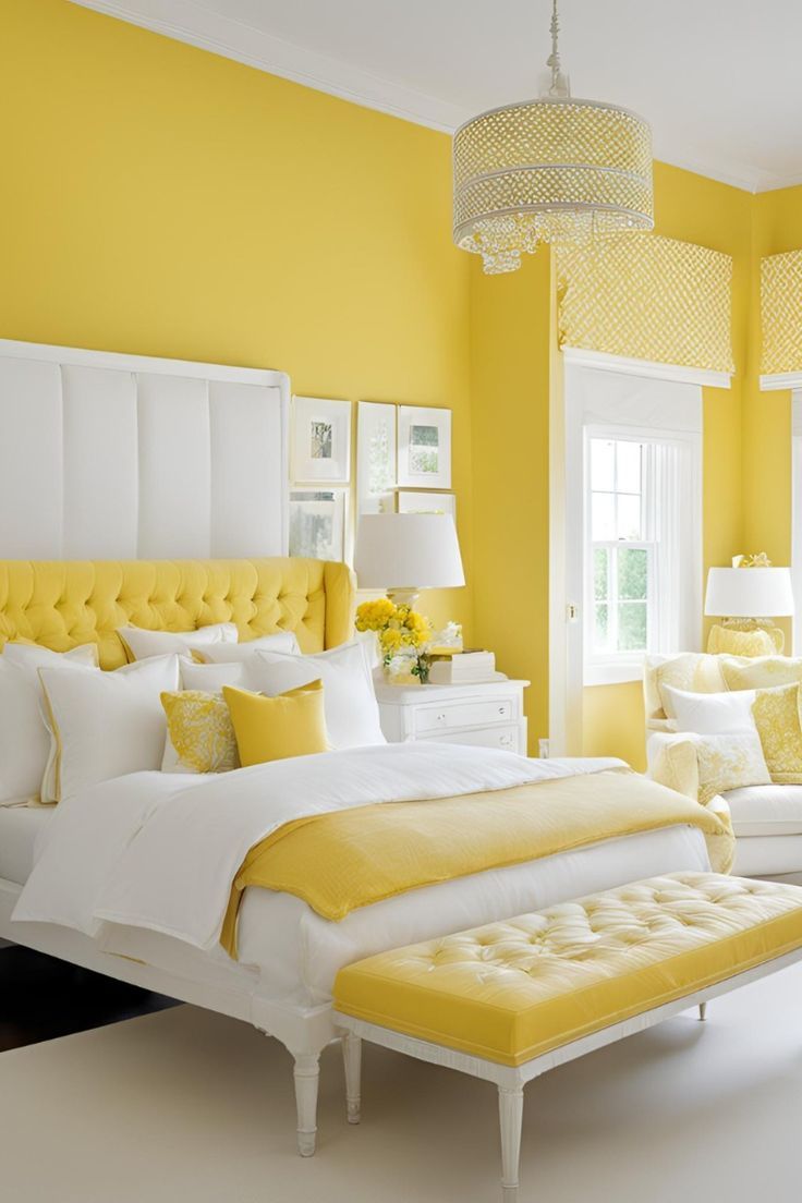 a bedroom with yellow walls and white furniture