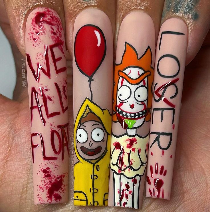 Fall Nail Designs Brown, Nail Designs Brown, Rick And Morty Nails, Fall Nail Colours, Spongebob Nails, Rick E Morty, Nail Art Machine, Horror Nails, Halloween Decor Diy