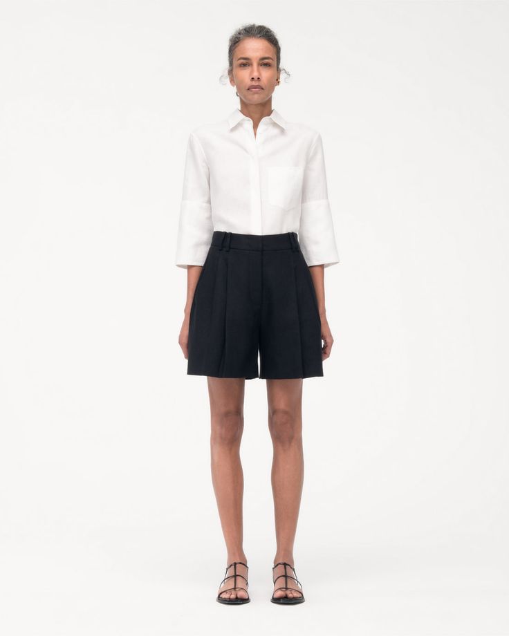 Pleated Short Elegant Short Bottoms With Box Pleat, Fitted Pleated Waist Shorts For Work, Chic Workwear Shorts With Pleated Waist, Elegant Fitted Shorts With Pleated Waist, Formal Summer Bottoms With Pleated Waist, Elegant Fitted Pleated Waist Shorts, Formal High-waisted Shorts For Summer, Formal Shorts For Summer, Elegant Pleated Shorts With Short Inseam