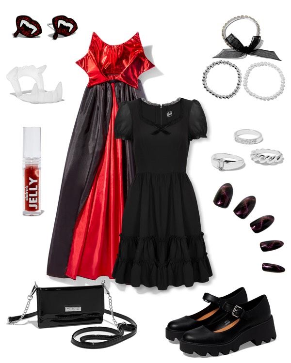 a woman's dress and accessories are arranged on a white surface, including shoes