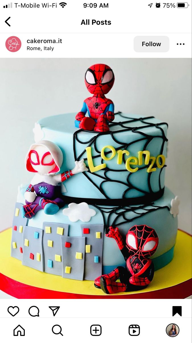 a spiderman birthday cake is displayed on the instagram page for people to share