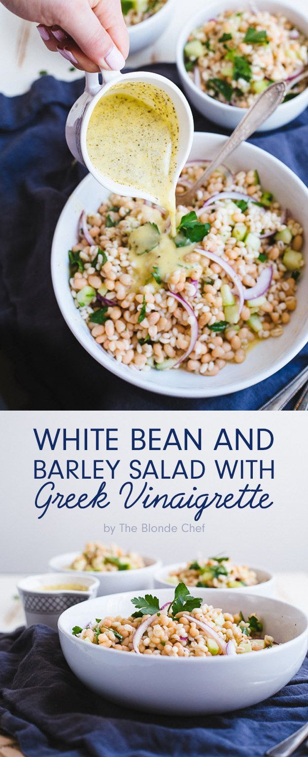 white bean and barley salad with greek vinaice dressing is shown in two bowls