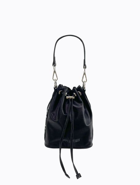 Luxe satin drawstring bucket bag with short detachable faux leather strap, plus additional long adjustable PL branded webbing strap. Silver hardware throughout plus hidden zipper pocket in lining.Bag Measures:Height: 20cmWidth: 19cmDepth: 9.5cmStrap Drop (short): 15cmStrap Drop (long/adjustable): 36-66cm Black Leather Bucket Bag With Adjustable Handle, Casual Evening Satchel Bucket Bag, Evening Bucket Hobo Bag With Detachable Handle, Evening Bucket Hobo Bag With Removable Pouch, Chic Crossbody Bucket Bag With Zipper Closure, Chic Evening Bucket Bag With Adjustable Strap, Chic Bucket Bag With Adjustable Strap, Evening Crossbody Bucket Bag With Adjustable Strap, Casual Evening Bucket Bag With Detachable Handle