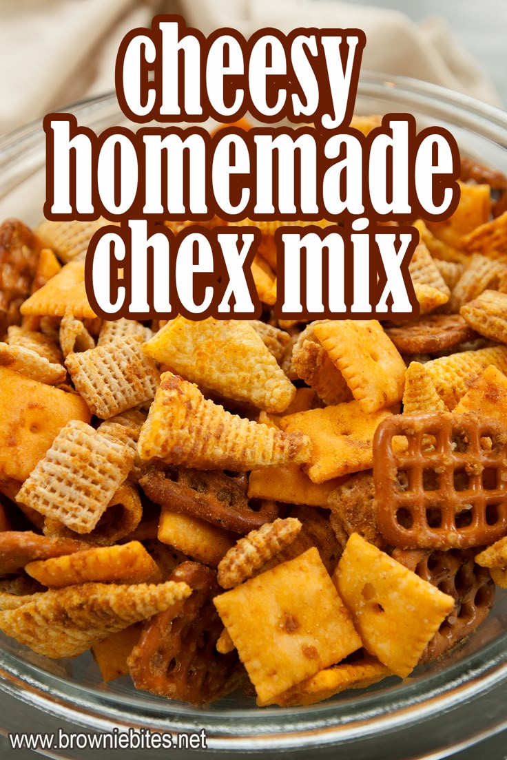 cheesy homemade chex mix in a glass bowl with the title overlay