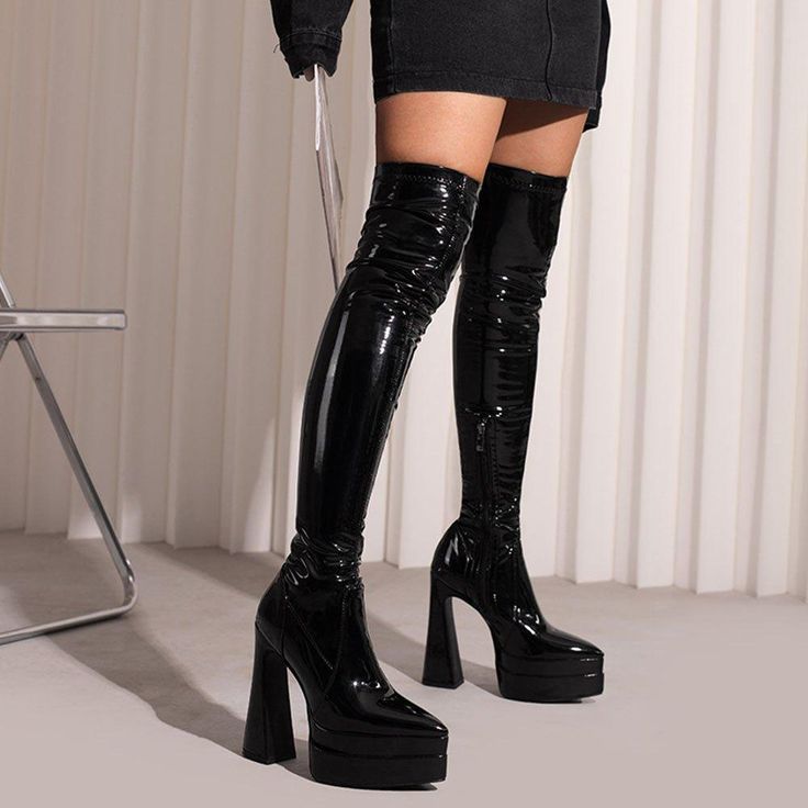 Elegant: Thigh high boots for women with double platform block heel and open toe design, easy to put on and take off. Sizing: Please refer to our size chart for the most accurate fit. if you are in between sizes, we recommend ordering a size up. Very comfortable: The women's thigh high boots are made of soft and comfortable material, which is very suitable for wearing in spring, autumn and winter. New Trend Shoes, Popular Boots, Knee High Heels, Heel Boot, High Heel Boots Knee, Platform Heels Chunky, Platform High Heels, Pole Dance, Thick Heels