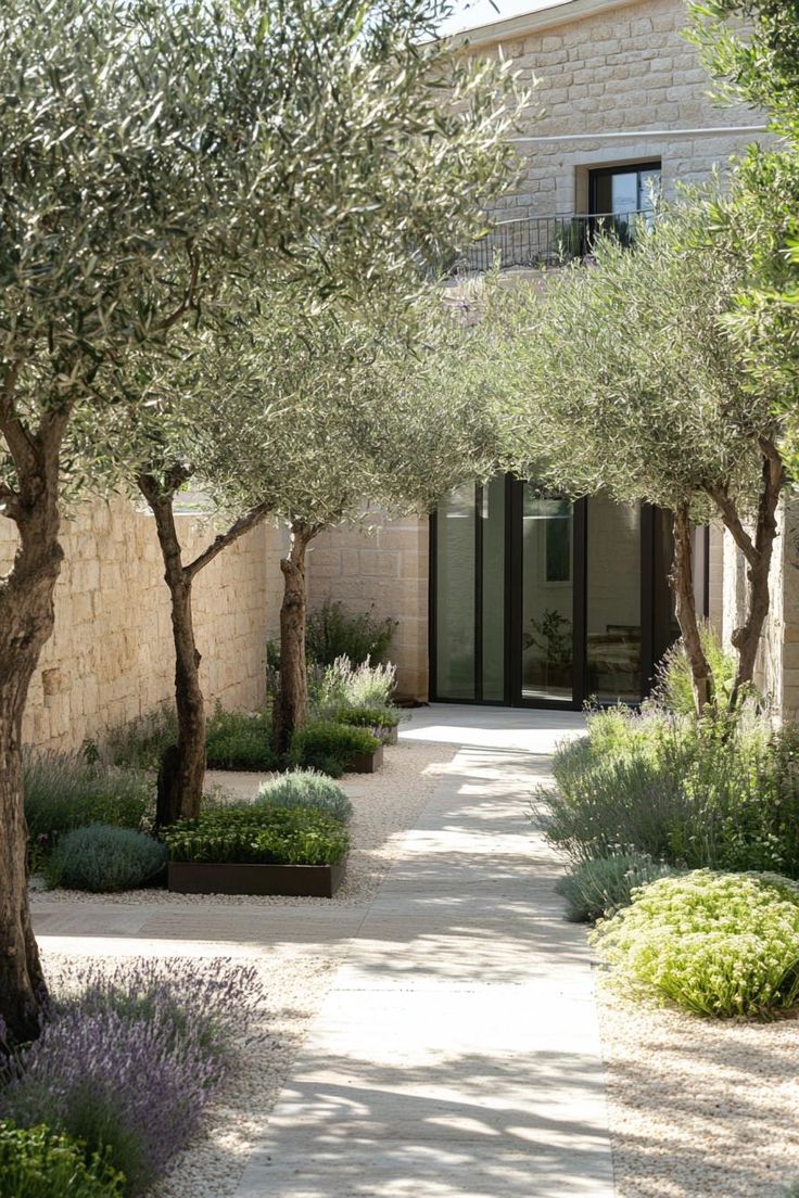 an outdoor courtyard with trees and plants in the foreground, surrounded by stone walls