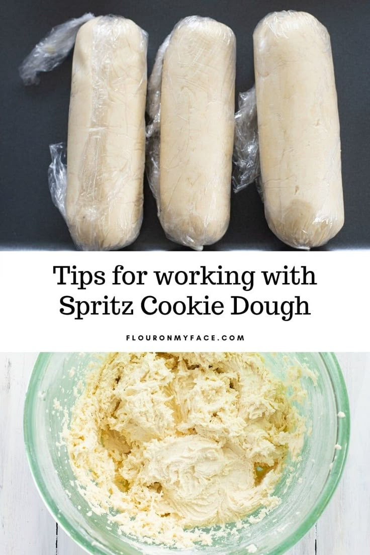 three hot dogs in buns with spritz cookie dough on top and the words tips for working with spritz cookie dough