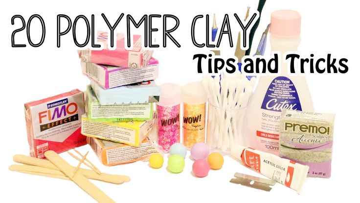 the words polymer clay tips and tricks are in front of an assortment of craft supplies