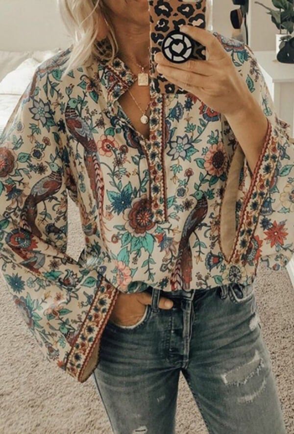 Long Sleeve Top With Floral Print, Floral Blouses For Women Casual, Floral Long Sleeve Blouses, Chic Split Neck Blouse For Vacation, Casual Bell Sleeve Blouse For Fall, Chic Floral Print Top With Split Neck, Multicolor Blouse For Vacation, Beige Boho Print Long Sleeve Tops, Beige Long Sleeve Tops With Boho Print