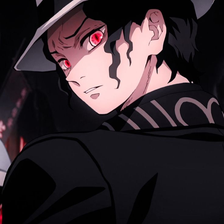 an anime character with red eyes and a fedora on his head looking at the camera