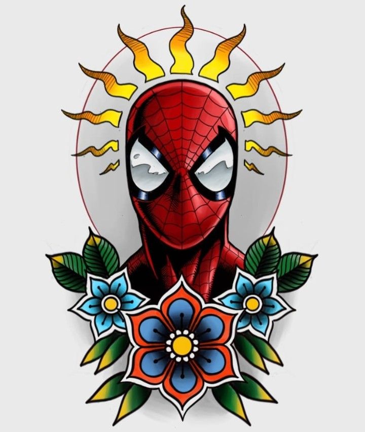 a spiderman with flowers and leaves around it's neck, on a white background