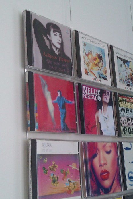 several cd's are hanging on the wall