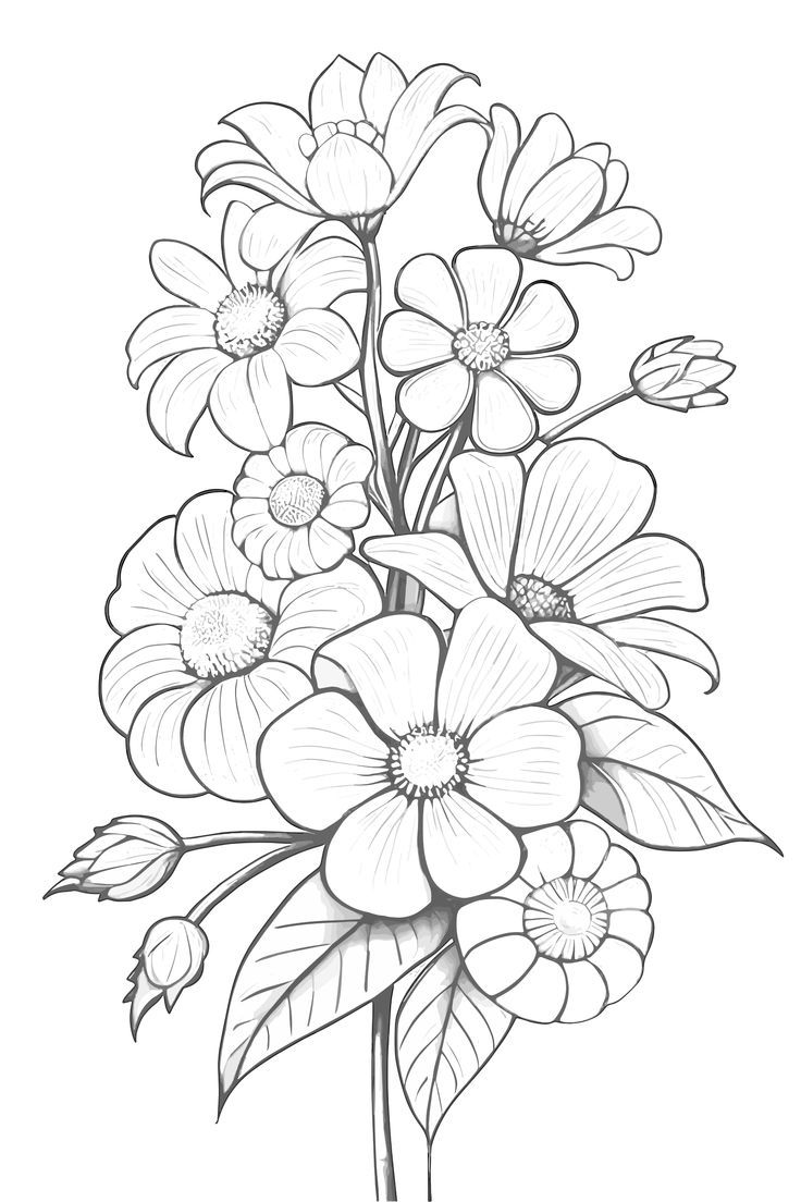 a bouquet of flowers is shown in this black and white drawing, with leaves on the stems