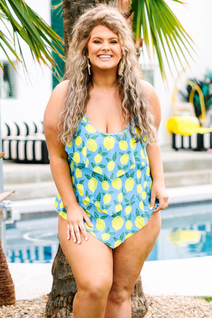 Chic Soul plus size clothing, blue scoop neck spaghetti strap one piece swim suit with lemon pattern and stacked flutter design Playful Summer Beach Tankini, Playful Summer Tankini For Beach Party, Playful Tankini For Summer Beach Party, Spring Poolside Printed Tankini, Fun Summer Swimwear For Beach Party, Fun Swimwear For Summer Beach Party, Fun Swimwear For Beach Party In Summer, Playful Yellow Swimwear For Beach Season, Fun Blue Swimwear For Summer