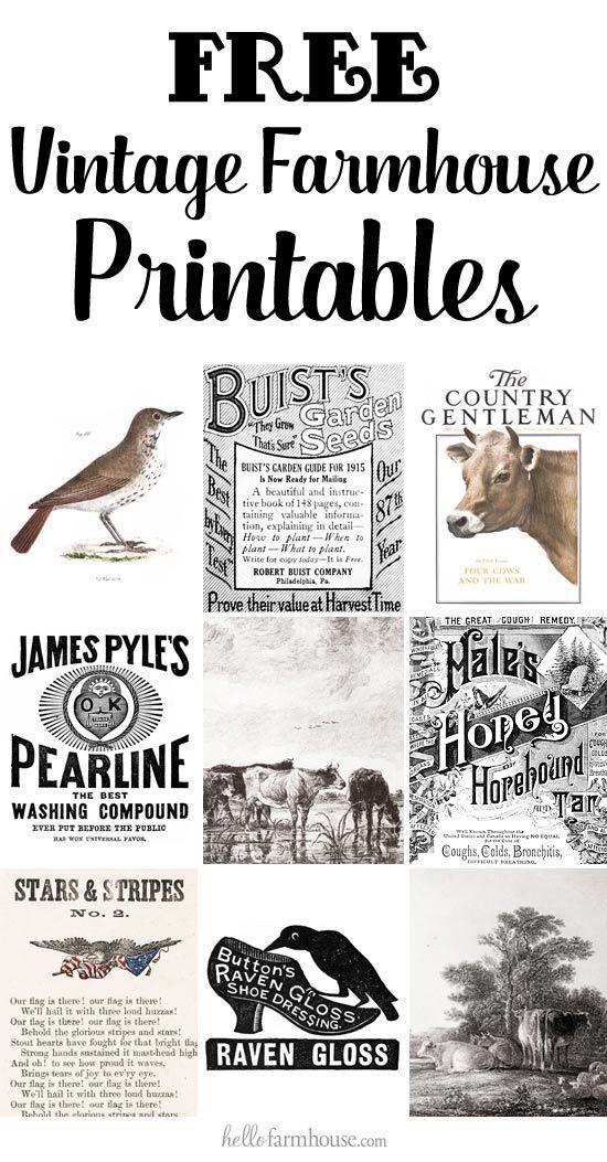 an advertisement for the free vintage farmhouse house printables program, featuring images of farm animals and birds