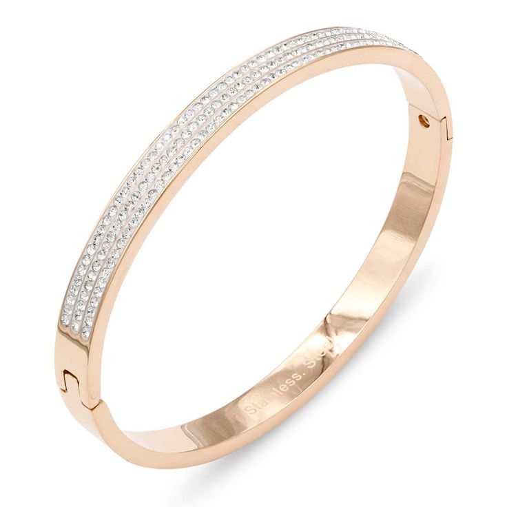 Rose Gold Plated with AAA fine Cubic Zirconia Oval Diameter Length: 60mm, Width: 50mm, Perimeter: 7", Thickness: 6mm Weight is about 18.61 grams Comes with a exquisite gift box. A lovely gift for Valentine day, Mothers Day, Christmas, Wedding, Anniversary, Graduation, Birthday, Bridesmaids, Prom, Party, Formal Events or any occasion Gift For Valentine, Stainless Steel Bangles, Discount Jewelry, Bangle Designs, Rose Gold Bracelet, Classic Gold, Hinged Bangle, Delicate Rings, Prom Party