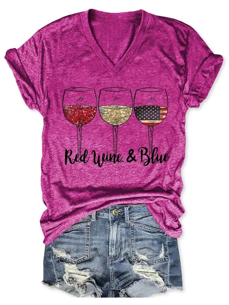 Women's Red Wine & Blue 4th of July V-Neck T-Shirt Summer V-neck T-shirt With American Flag Print, Cheap Clothing, Women T Shirts, Cheap Clothes, Clothing Women, Shirt Outfit, Lady In Red, Red Wine, 4th Of July