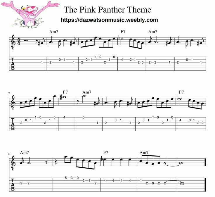 the pink panther theme sheet music for guitar with tabs, notes and tabula