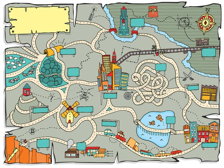 a cartoon map with buildings, roads and other things to see in the city on it