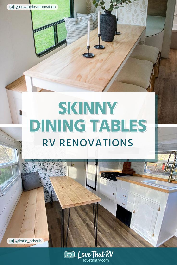 Skinny RV Dining Tables Camper Bench Seating, Rv Dining Table Replacement, Under Dinette Storage Rv, Rv Dining Area Remodel, Rv Dinning Table, Lagon Table For Rv, Rv Table Ideas, Dining Table Small Space, Camper Table