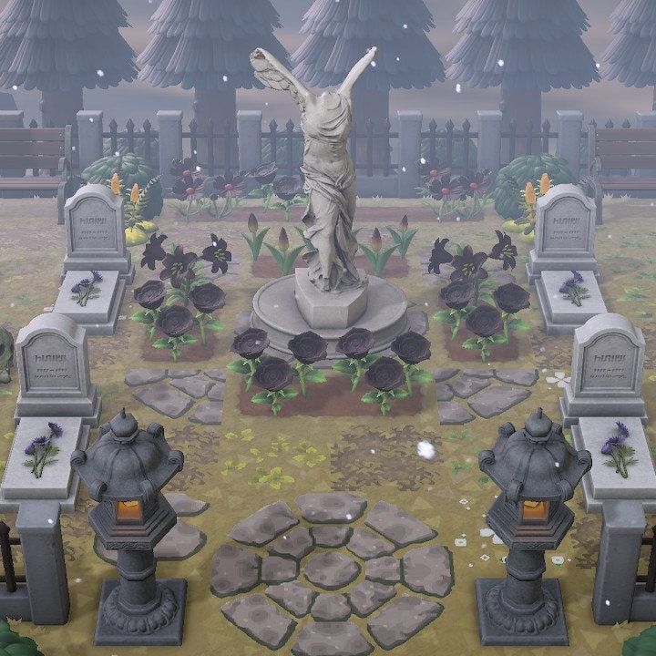 an animated image of a cemetery with statues and flowers