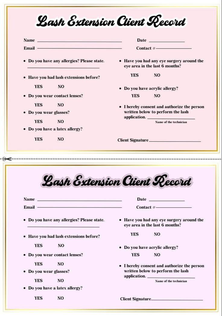 Lash Record Card, Eyelash Client Record, Lash Tech Paperwork, Lash Room Inspo Pink, Lash Extensions Client Record, Lash Client Forms, Lash Consultation Form, Small Lash Studio Ideas, Lash Company Name Ideas