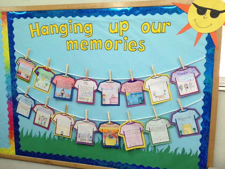 a bulletin board with clothes hanging up on the clothesline and sun in the background