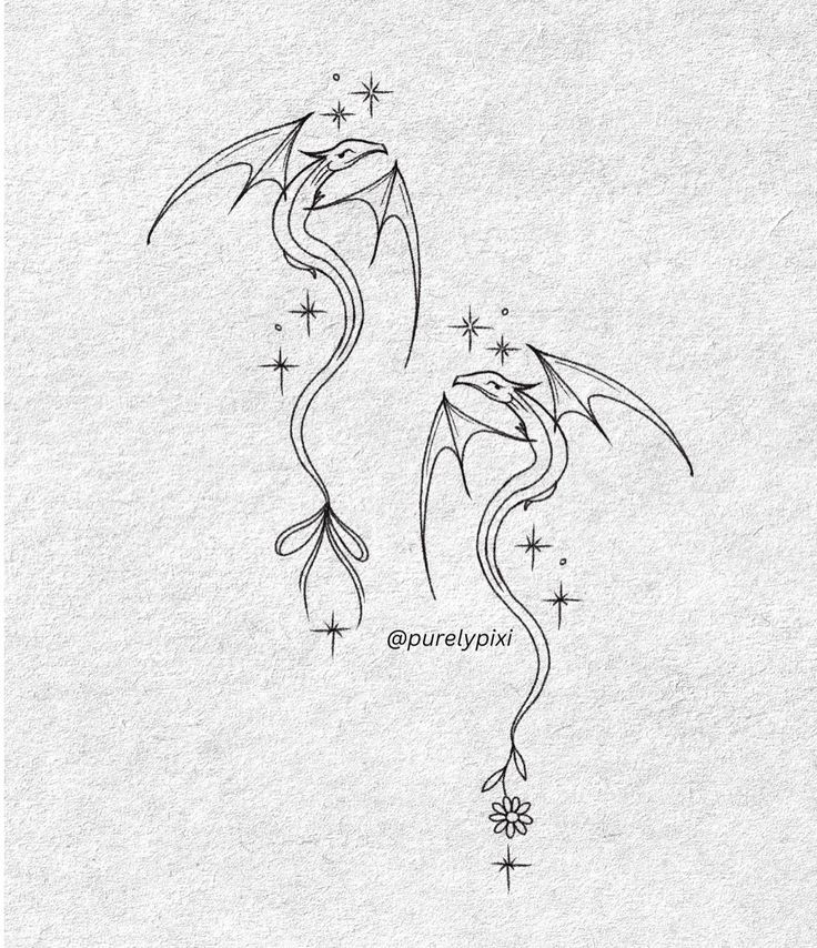 a black and white drawing of two dragon