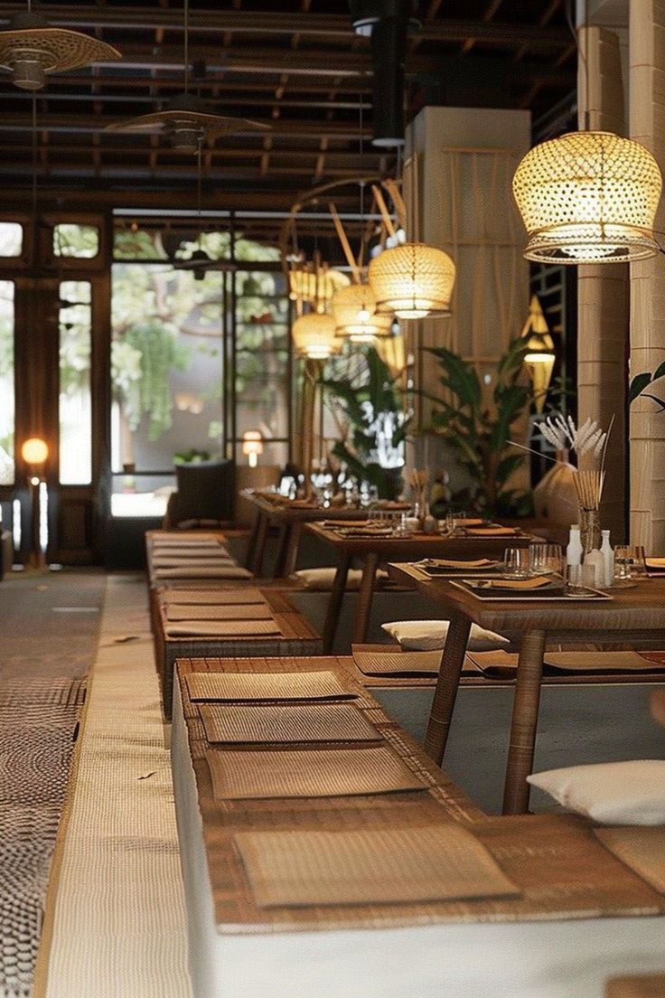 an empty restaurant with wooden tables and chairs in front of large windows that have lights on them