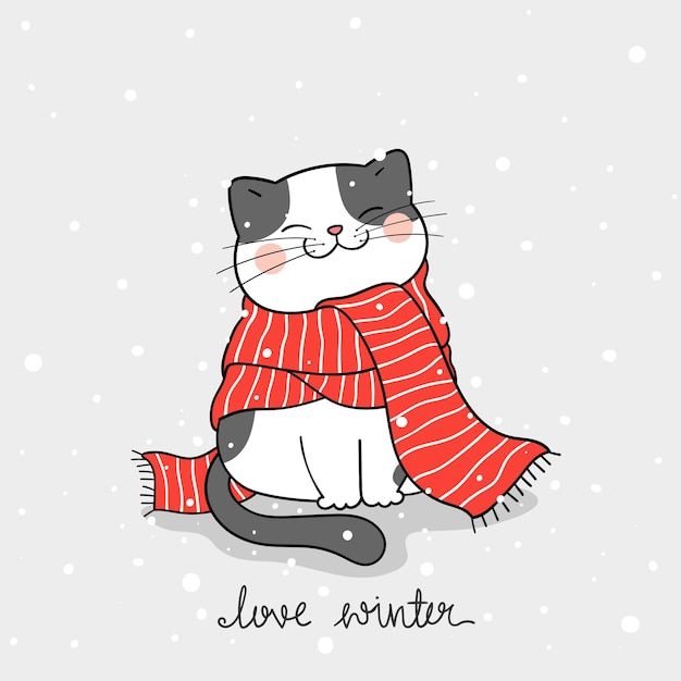 a black and white cat wearing a red scarf with the words love winter written on it