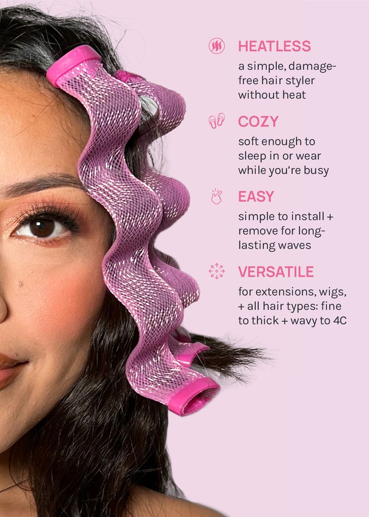 AOA No-Heat Wavy Hair Curlers are easy to use + make beautiful waves without damage. Great for extensions, wigs, + more. Soft enough to sleep in or wear while you’re busy. Includes: 6 curlers + 1 hook Size:1.2" x 10"(3 cm x 25.5 cm) How To Use Wet and towel-dry your hair. For best results, spray hair with setting spray before applying the curlers. Connect the rod and slip the hook through the waved ribbon. Wrap the hook around a one-inch section of hair, and pull it through to secure the ribbon No Heat Wavy Hair Overnight, How To Use Hair Rollers Overnight, How To Use Hair Curlers Velcro Rollers, Foam Roller Hair Overnight Curls, Soft Curlers, Best Hair Rollers, Curlers For Short Hair, Heat Free Curls, Magic Hair Curlers