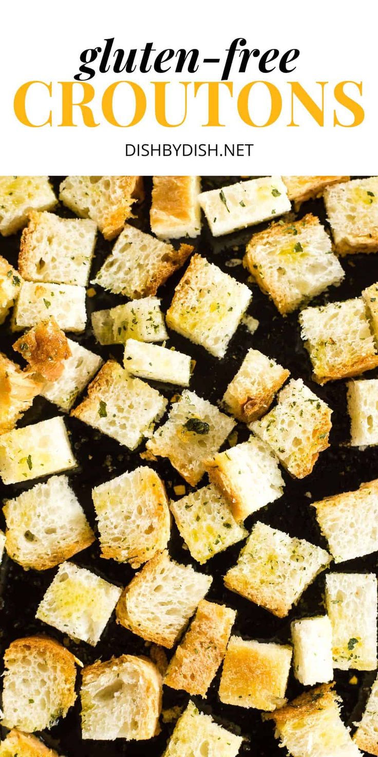 gluten - free croutons on a baking sheet with text overlay