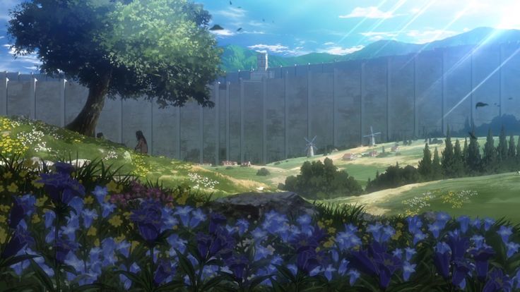 an animated scene with blue flowers in the foreground and green hills in the background