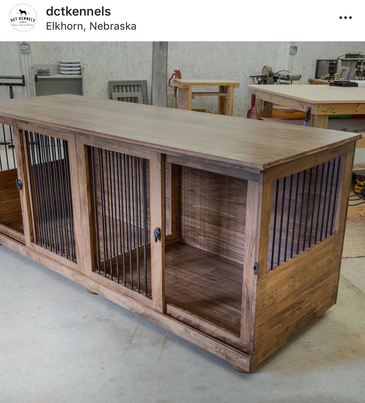 a wooden cabinet with metal bars on the doors