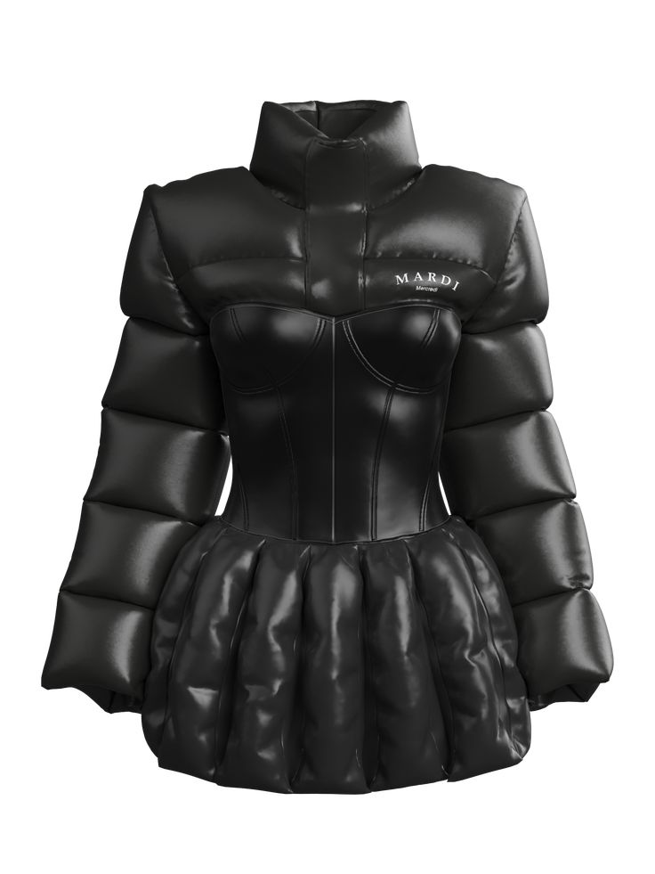 Black corset puffer jacket. THIS IS A DIGITAL ITEM, IT ONLY EXISTS DIGITALLY AND WILL BE APPLIED TO YOUR PHOTO(s) Color: black. Material: digital shell. Digital clothes fit all sizes. About the brand: Mardi Mercredi is a South Korean brand. The first collection for DRESSX was produced by focusing on clothes that cannot be created in reality. The famous painting jacket reminds the designer of painting work, and the metallic material feels like oil paint was made into an outfit. The collection use Painting Jacket, Green Corset, Korean Brand, Winter Attire, Korean Brands, Photo S, Puffy Jacket, Black Corset, Sport Chic