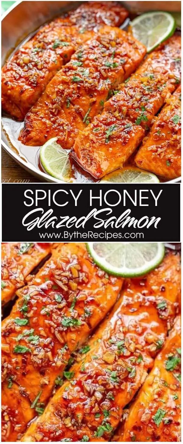 the recipe for spicy honey salmon with limes and parmesan cheese on top