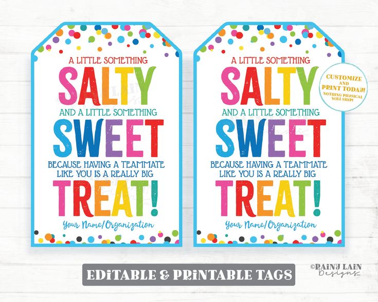 two tags with the words salty and sweet treat on them, both have colorful confetti