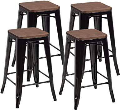 three black metal stools with wooden seat