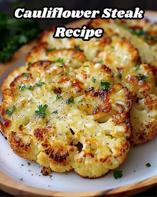 cauliflower steak recipe on a plate with parsley